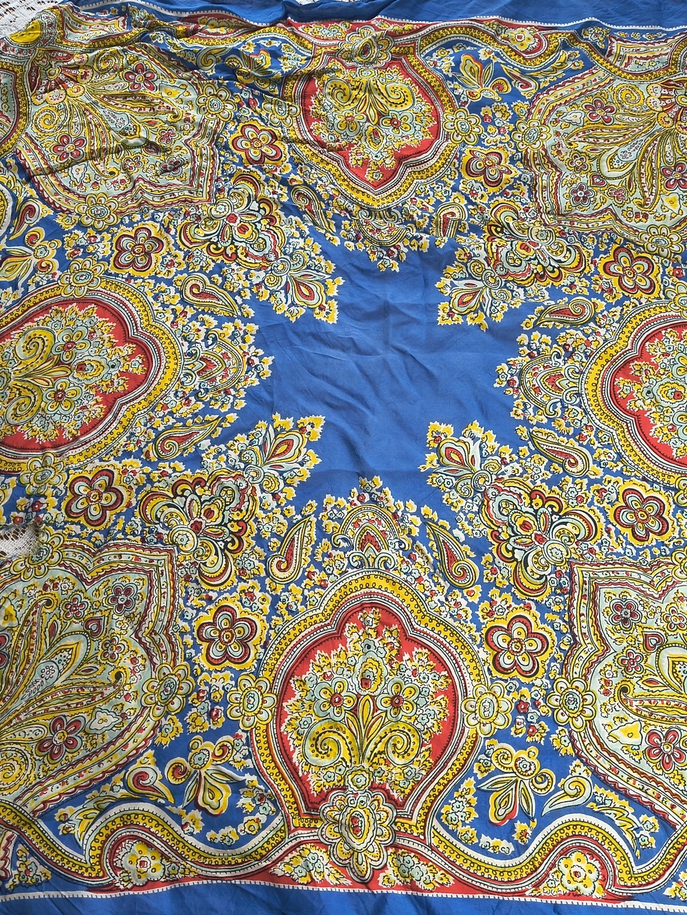 Vintage 70s large blue square silk scarf with yellow and red Paisley Design